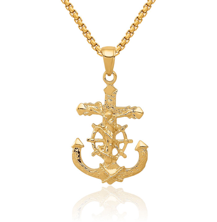 14K Solid Yellow Gold Anchor Mariner Lord Jesus Christ Crucifix Holy Cross Rope Wheel Necklace Religious Chain Pendant Nautical Charm