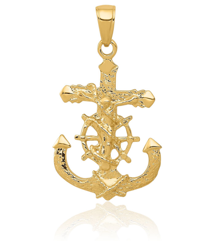 14K Solid Yellow Gold Anchor Mariner Lord Jesus Christ Crucifix Holy Cross Rope Wheel Necklace Religious Chain Pendant Nautical Charm