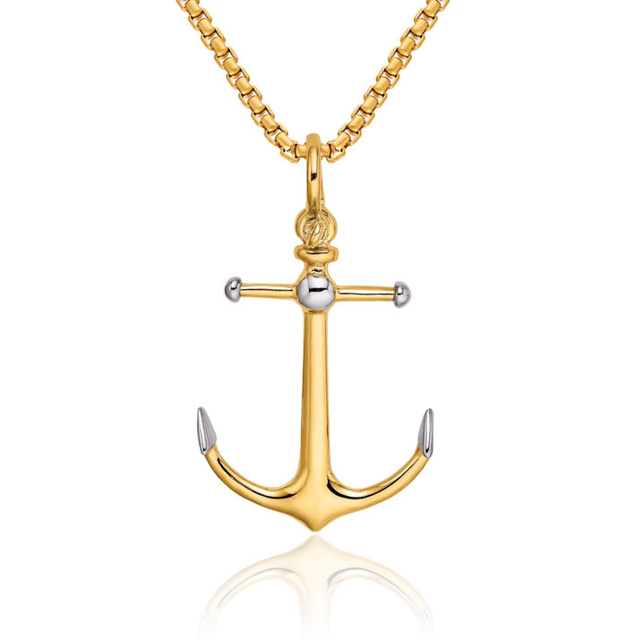 14K Solid Yellow Gold Anchor Mariner Long T Bar Shackle Necklace Nautical Charm Pendant