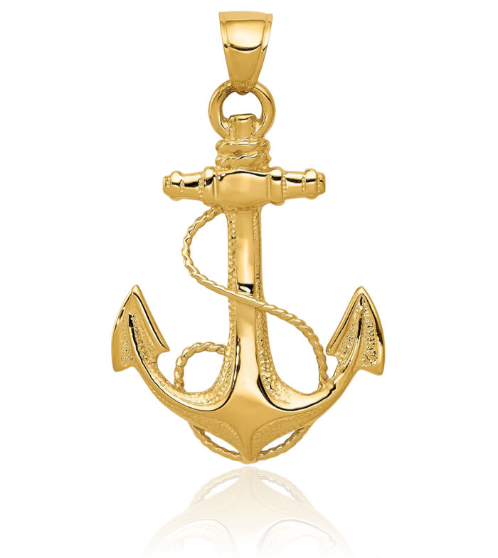 14K Solid Yellow Gold Anchor Mariner Rope Necklace Nautical Charm Pendant