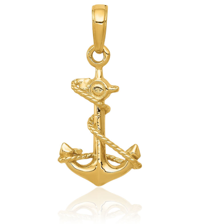 14K Solid Yellow Gold Anchor Mariner Rope Necklace Nautical Charm Pendant