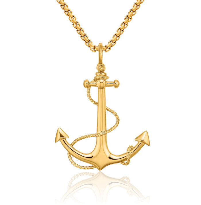 14K Solid Yellow Gold Anchor Mariner Rope Necklace Nautical Charm Pendant