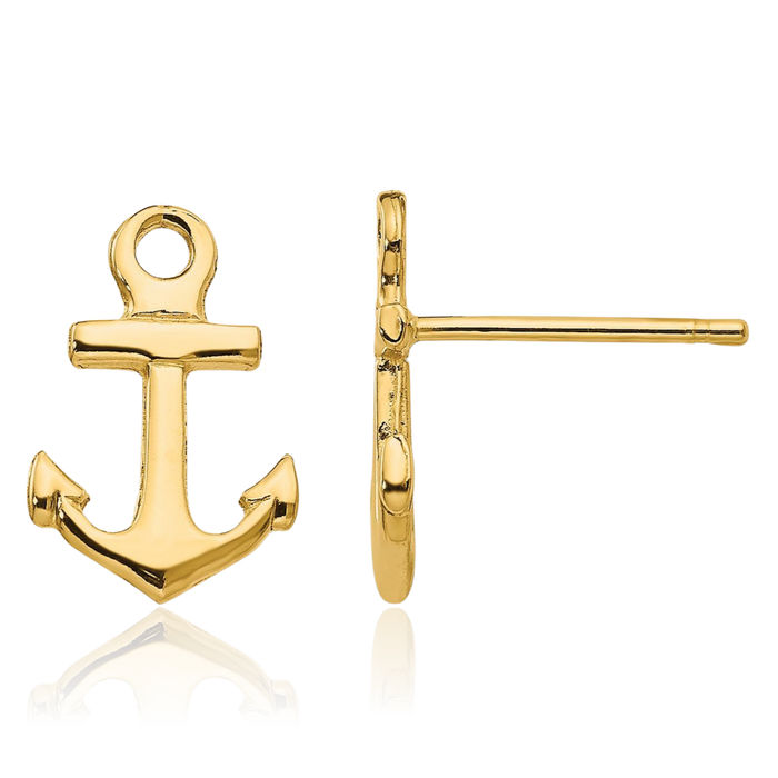 14K Solid Yellow Gold Anchor Mariner Stud Earrings