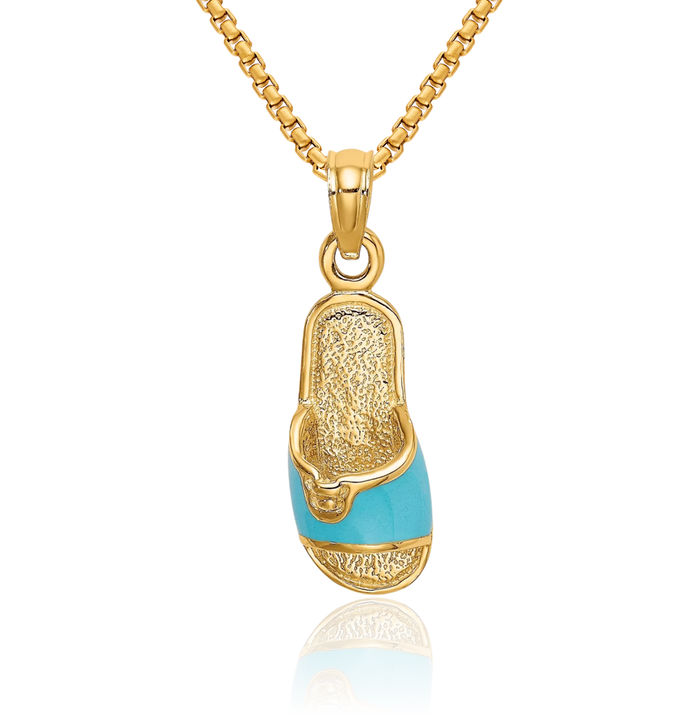 14K Solid Yellow Gold Aqua Summer Slipper Necklace Chain Pendant Charm