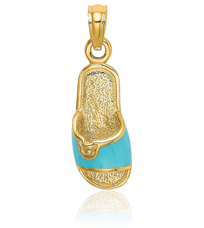 14K Solid Yellow Gold Aqua Summer Slipper Necklace Chain Pendant Charm