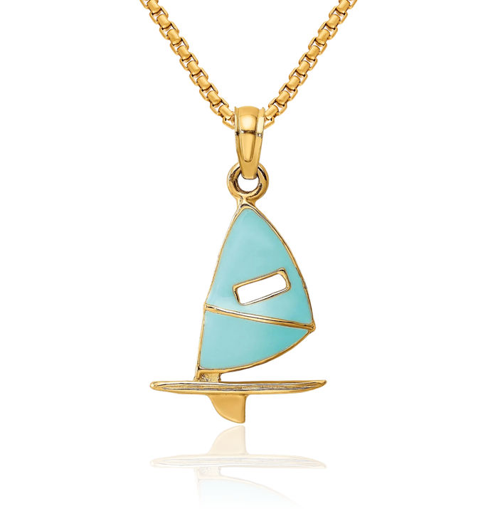 14K Solid Yellow Gold Aqua Windsail Surf Board Necklace Swimming Water Seashore Boating Charm Sports Pendant