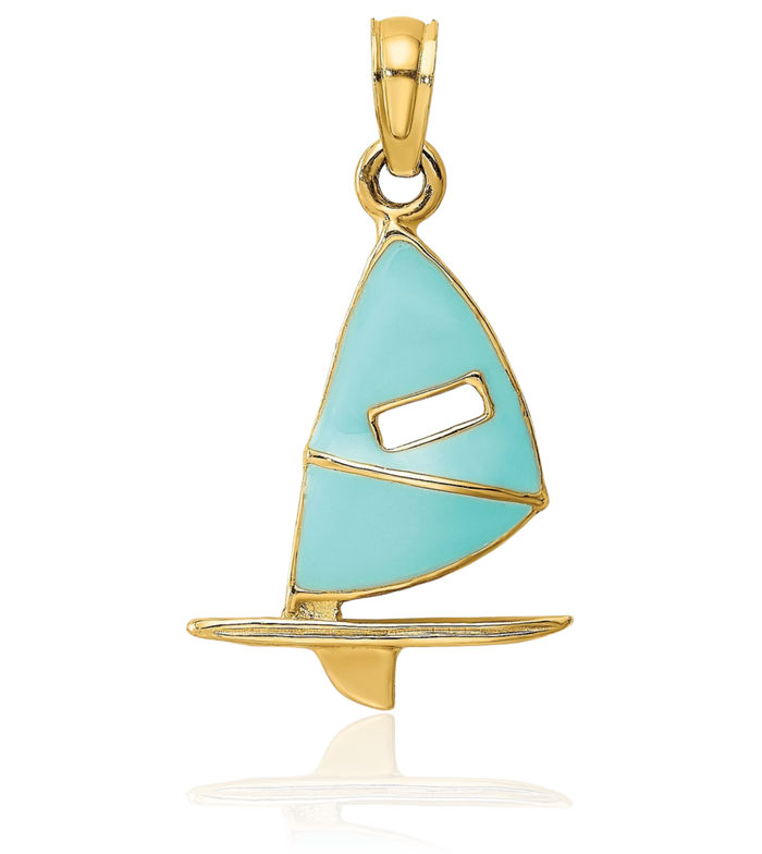 14K Solid Yellow Gold Aqua Windsail Surf Board Necklace Swimming Water Seashore Boating Charm Sports Pendant