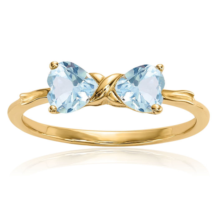 14K Solid Yellow Gold Blue Aquamarine Bow Heart Ring Love Band March Birthstone Jewelry