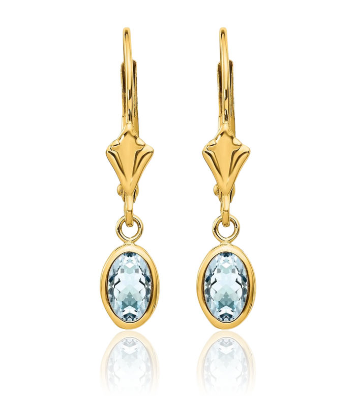 14K Solid Yellow Gold Blue Aquamarine Drop Dangle Earrings March Birthstone Jewelry
