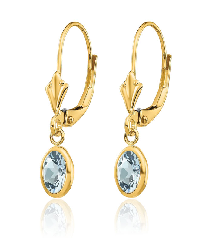 14K Solid Yellow Gold Blue Aquamarine Drop Dangle Earrings March Birthstone Jewelry