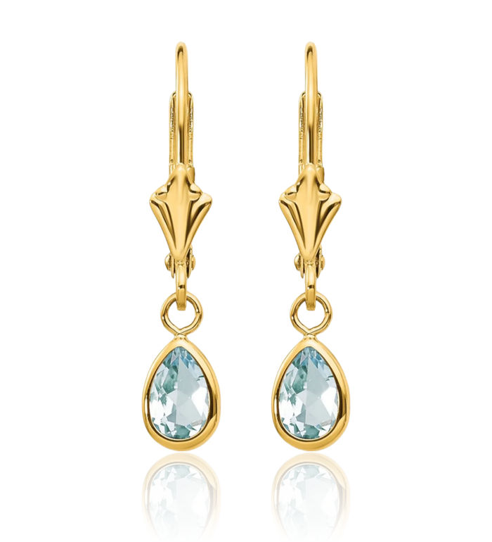 14K Solid Yellow Gold Blue Aquamarine Drop Dangle Earrings Pear Teardrop Gemstone March Birthstone Jewelry