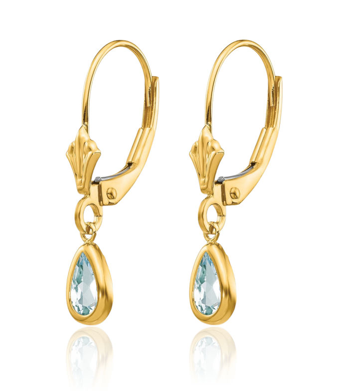 14K Solid Yellow Gold Blue Aquamarine Drop Dangle Earrings Pear Teardrop Gemstone March Birthstone Jewelry