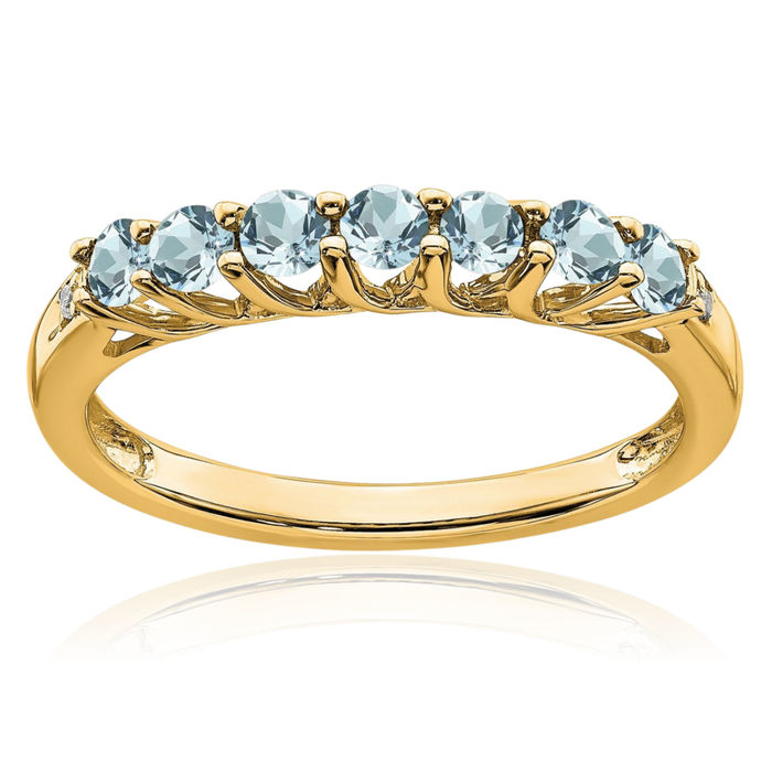 14K Solid Yellow Gold Blue Aquamarine Diamond 7 Stone Ring Gemstone Band March Birthstone Jewelry