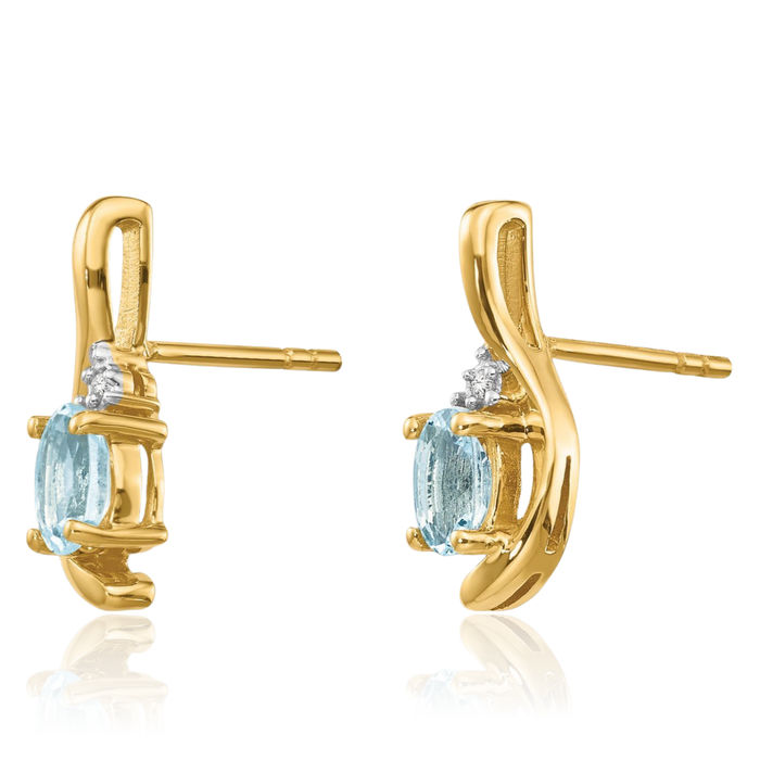 14K Solid Yellow Gold Blue Aquamarine Diamond Drop Dangle Earrings March Birthstone Jewelry