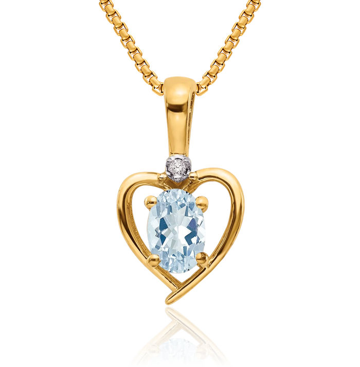 14K Solid Yellow Gold Blue Aquamarine Diamond Heart Necklace Gemstone Pendant Charm March Birthstone Jewelry