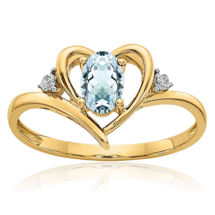 14K Solid Yellow Gold Blue Aquamarine Diamond Heart Ring Love Band March Birthstone Jewelry