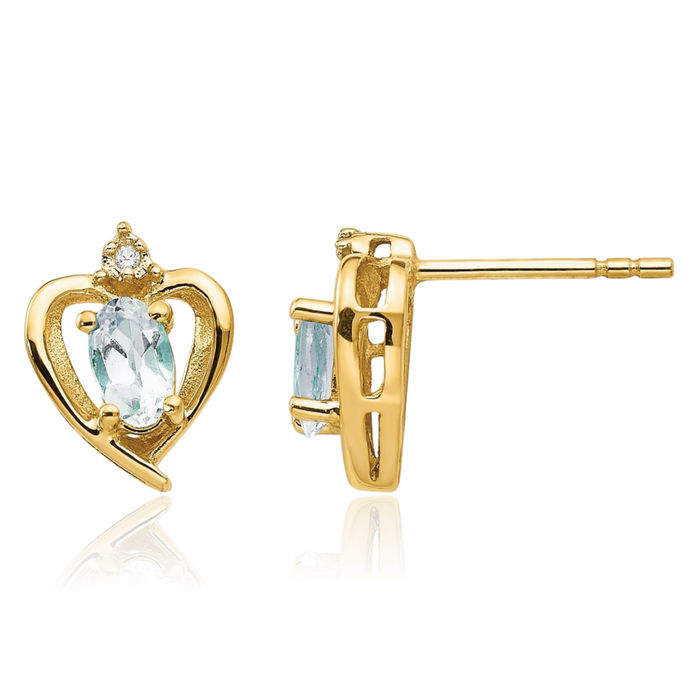 14K Solid Yellow Gold Blue Aquamarine Diamond Heart Stud Earrings March Birthstone Jewelry