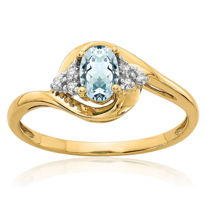 14K Solid Yellow Gold Blue Aquamarine Diamond Ring March Birthstone Jewelry