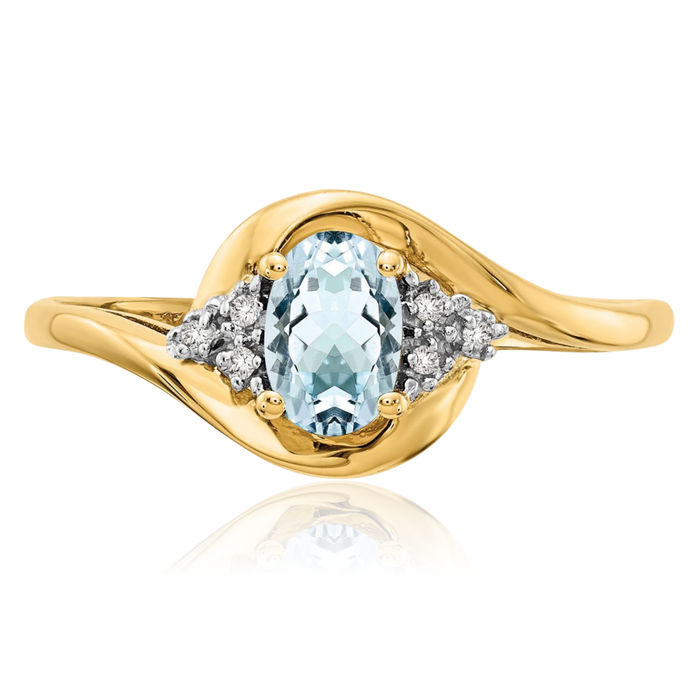 14K Solid Yellow Gold Blue Aquamarine Diamond Ring March Birthstone Jewelry