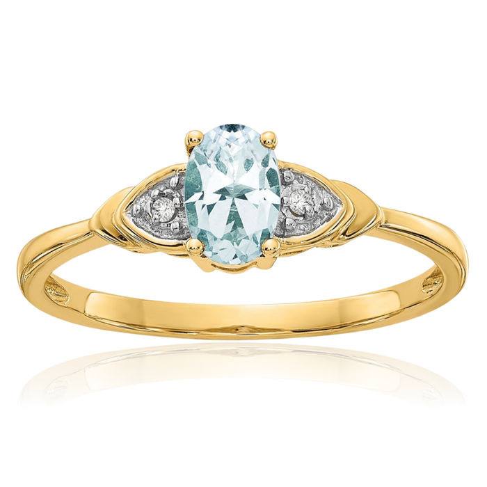 14K Solid Yellow Gold Blue Aquamarine Diamond Ring March Birthstone Jewelry