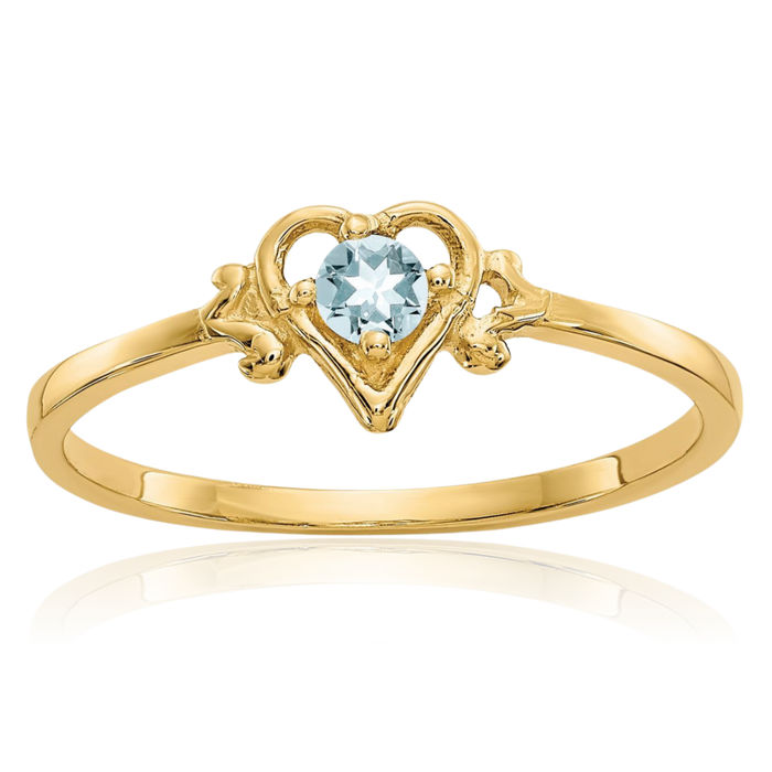 14K Solid Yellow Gold Blue Aquamarine Heart Ring Love Band March Birthstone Jewelry