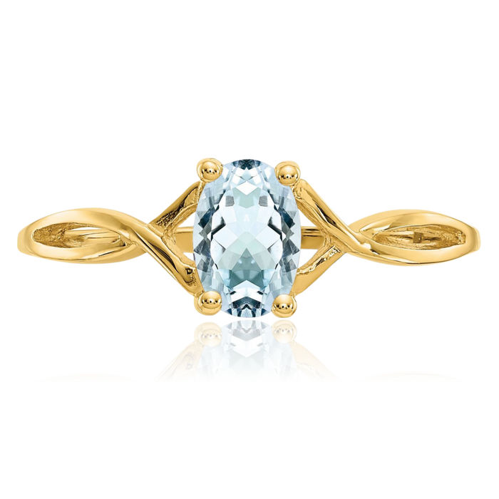 14K Solid Yellow Gold Blue Aquamarine Ring March Birthstone Jewelry