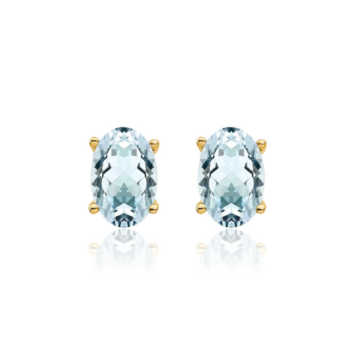 14K Solid Yellow Gold Blue Aquamarine Studs Gemstone Solitaire Earrings March Birthstone Jewelry