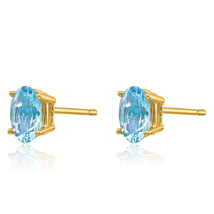 14K Solid Yellow Gold Blue Aquamarine Studs Gemstone Solitaire Earrings March Birthstone Jewelry