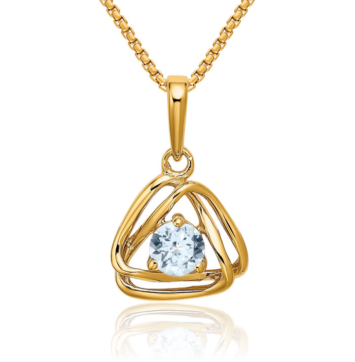 14K Solid Yellow Gold Blue Aquamarine Triangle Necklace Charm Gemstone Pendant March Birthstone Jewelry