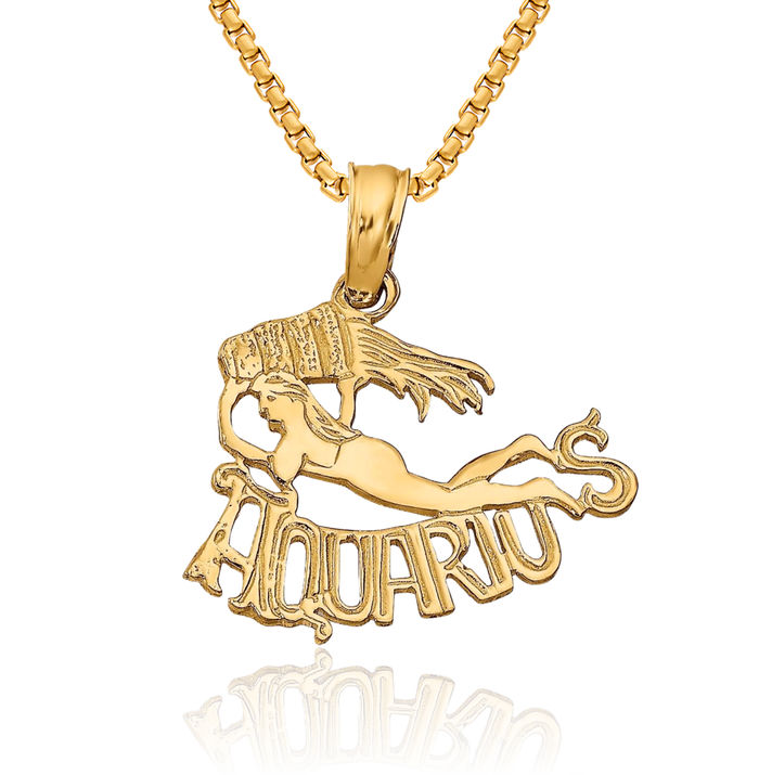 14K Solid Yellow Gold Aquarius Zodiac Necklace Water Bearer Horoscope Pendant January February Birthday Charm Astrology Jewelry