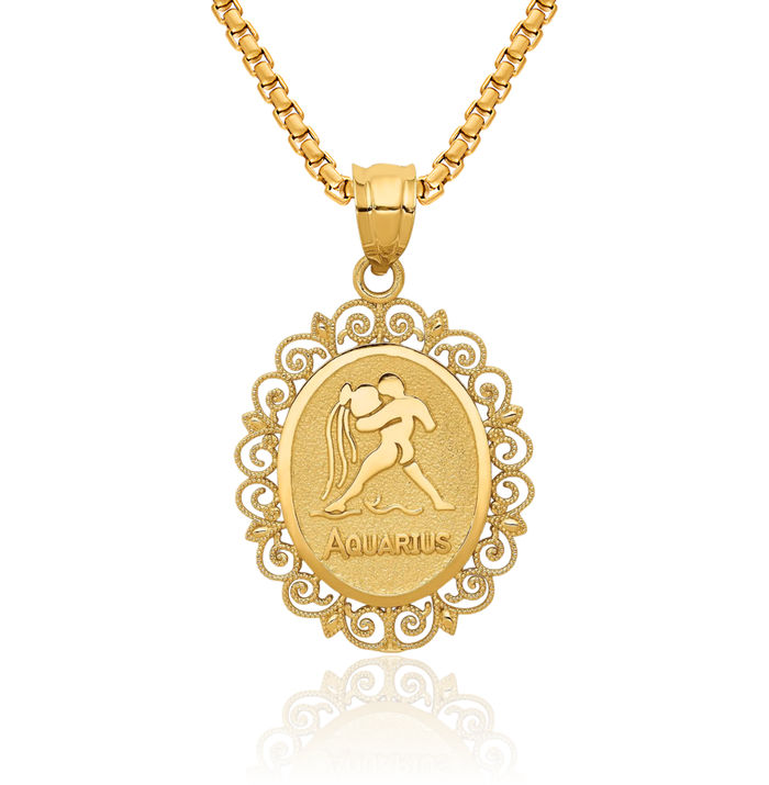 14K Solid Yellow Gold Aquarius Zodiac Necklace Water Bearer Horoscope Pendant January February Birthday Charm Astrology Jewelry
