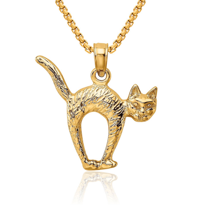14K Solid Yellow Gold Arch Back Tail Cat Necklace Chain Pendant Charm