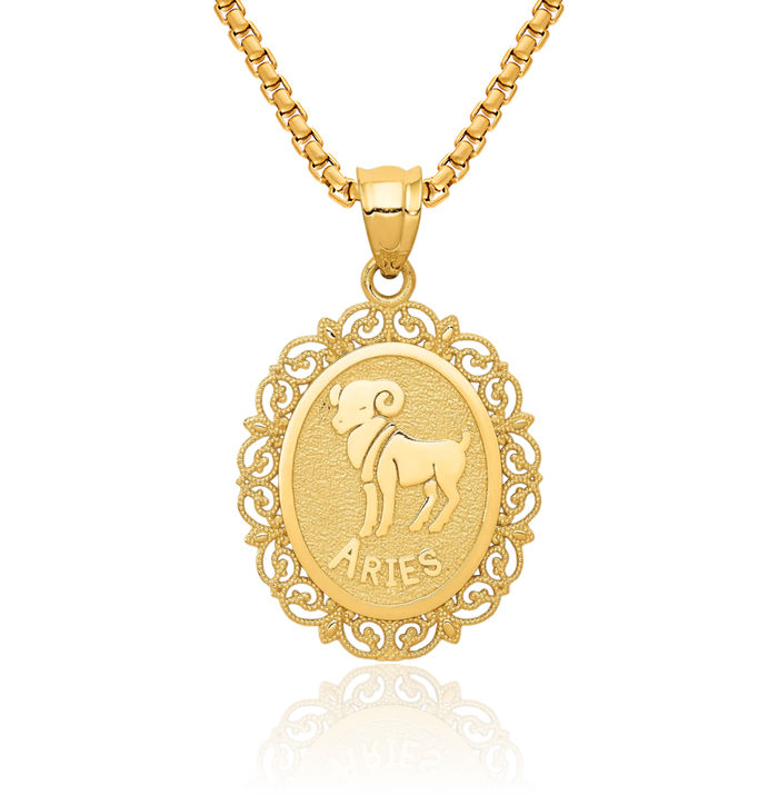 14K Solid Yellow Gold Aries Zodiac Necklace Ram Horoscope Pendant March April Birthday Charm Astrology Jewelry