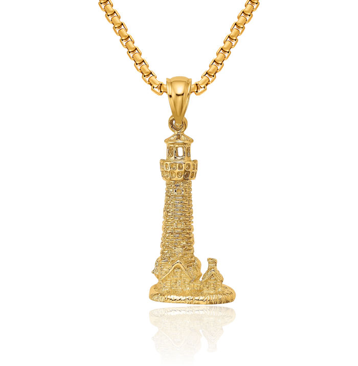 14K Solid Yellow Gold Assateague Island Lighthouse Va Necklace Chain Pendant Charm