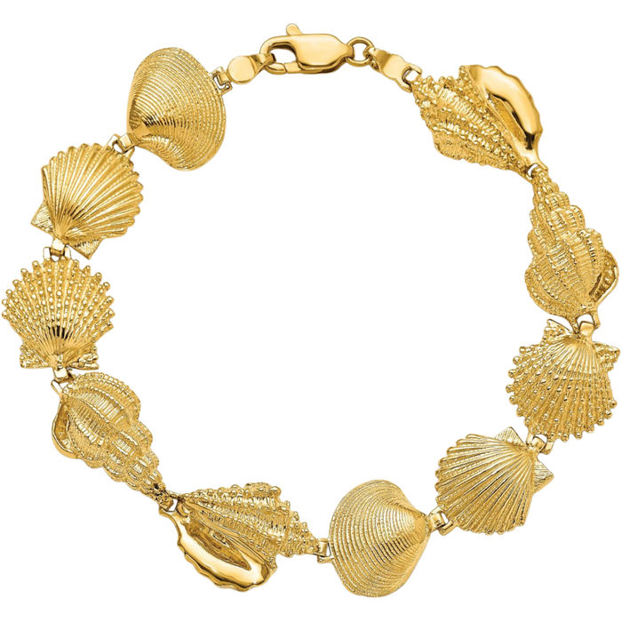 14K Solid Yellow Gold Assorted Shell Link Chain Charm Bracelet