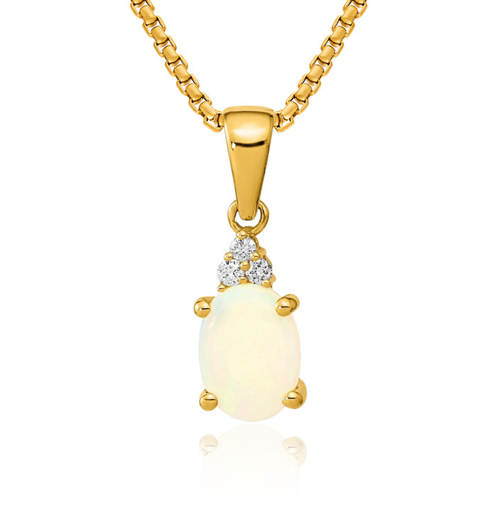 14K Solid Yellow Gold Austrian Opal Diamond Necklace Charm Gemstone Pendant