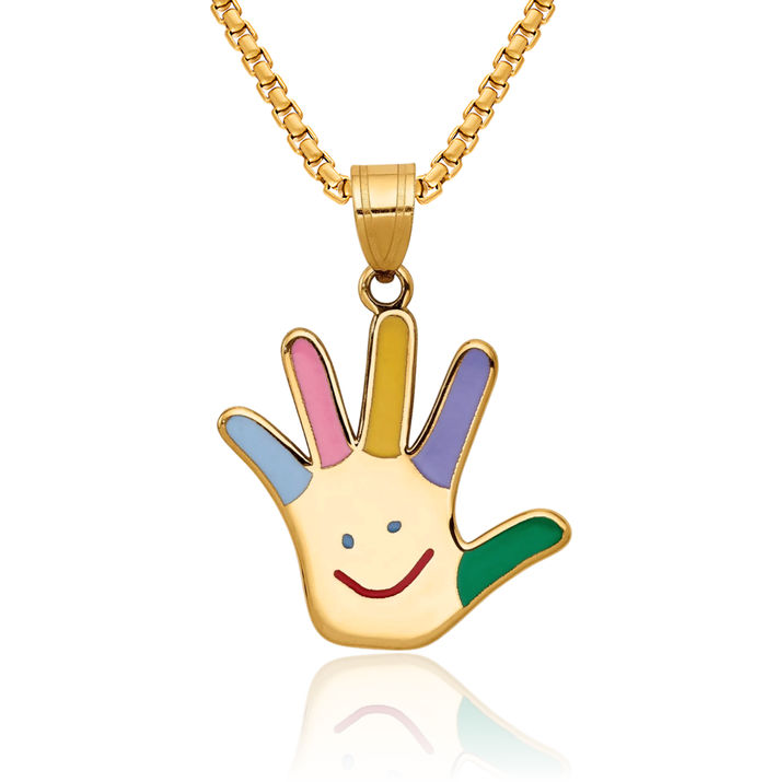 14K Solid Yellow Gold Autism Awareness Puzzle Happy Face Handprint Necklace Chain Pendant Charm