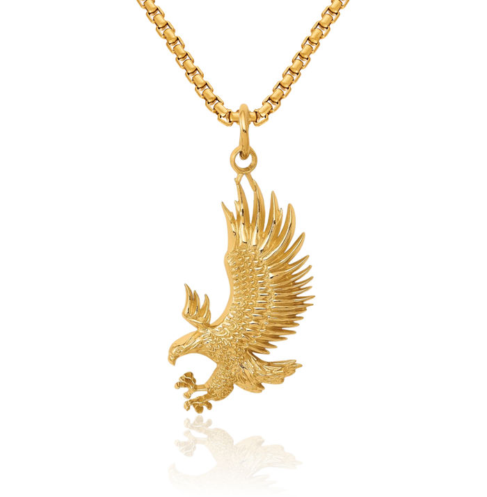 14K Solid Yellow Gold Bald Eagle Symbol of Strength Freedom Hawk Bird Necklace Chain Pendant Charm