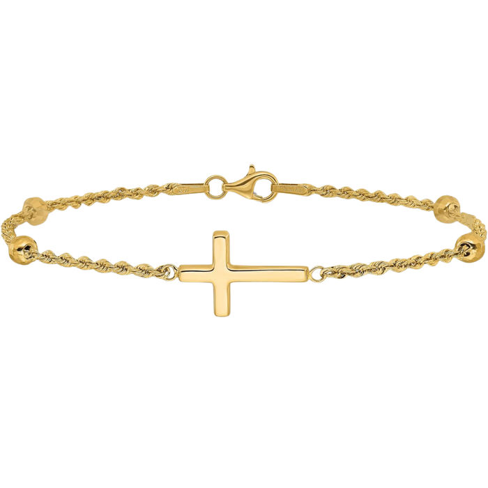 14K Solid Yellow Gold Beaded Ball Holy Cross Chain Charm Bracelet
