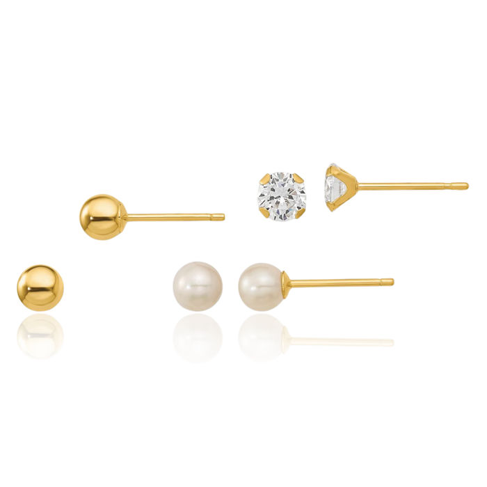 14K Solid Yellow Gold Ball Cubic Zirconia CZ Freshwater Cultured Pearl 3 Pair Stud Earrings Set