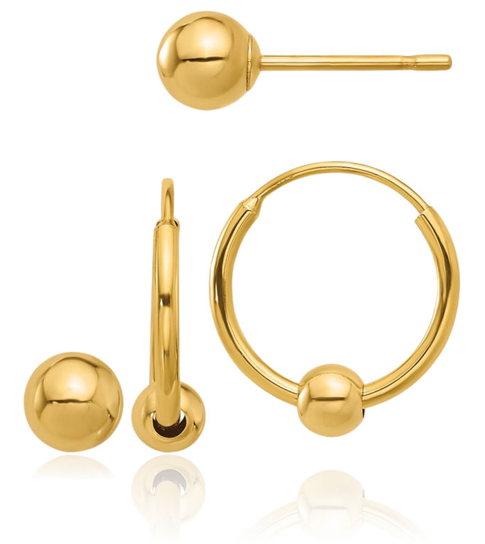 14K Solid Yellow Gold Ball Hoop Stud Earrings Set