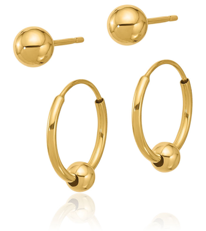 14K Solid Yellow Gold Ball Hoop Stud Earrings Set