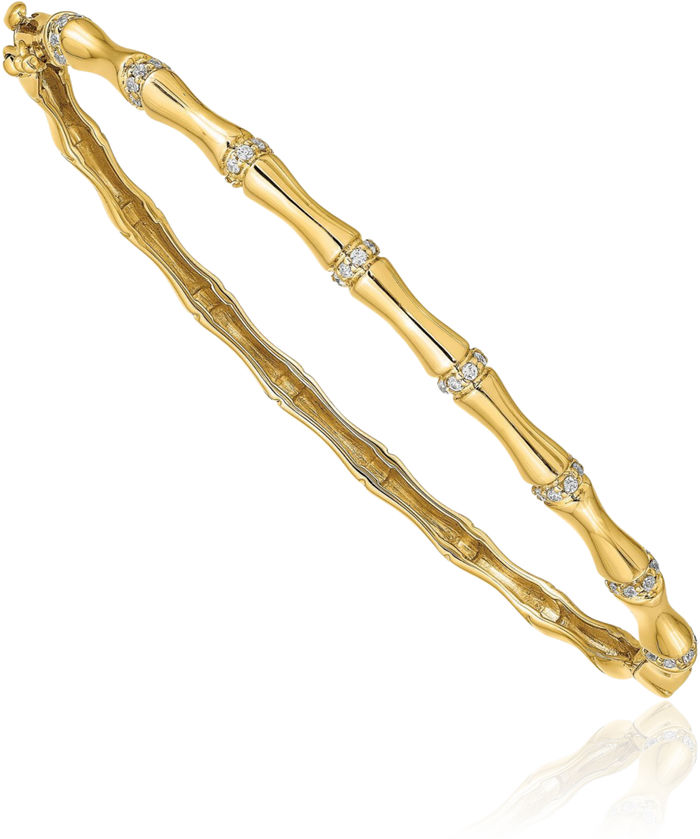 14K Solid Yellow Gold Bamboo Diamond Bangle Bracelet