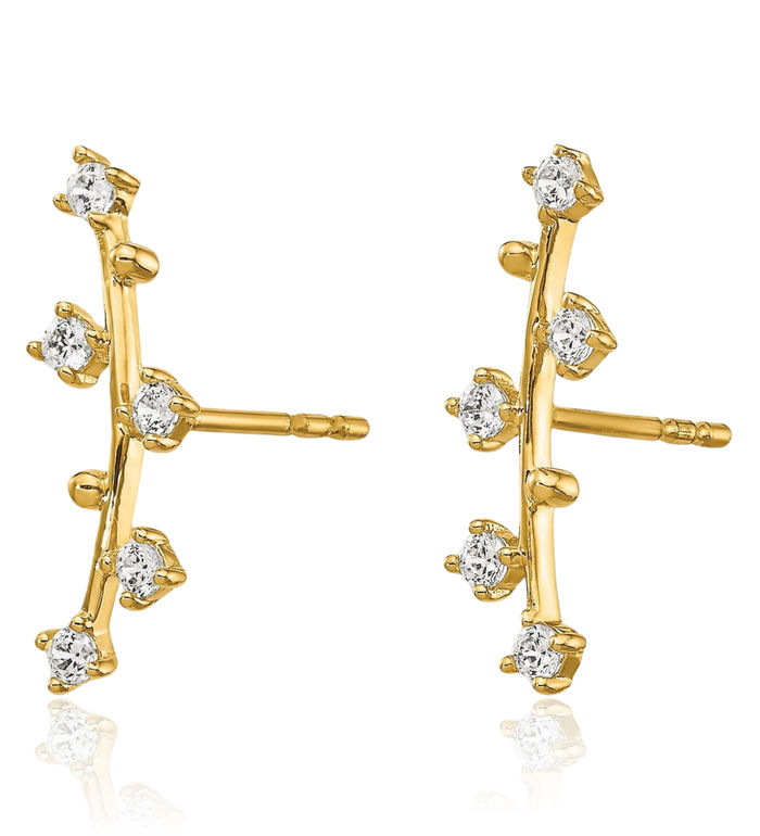 14K Solid Yellow Gold Bar Cubic Zirconia CZ Drop Dangle Line Stud Earrings