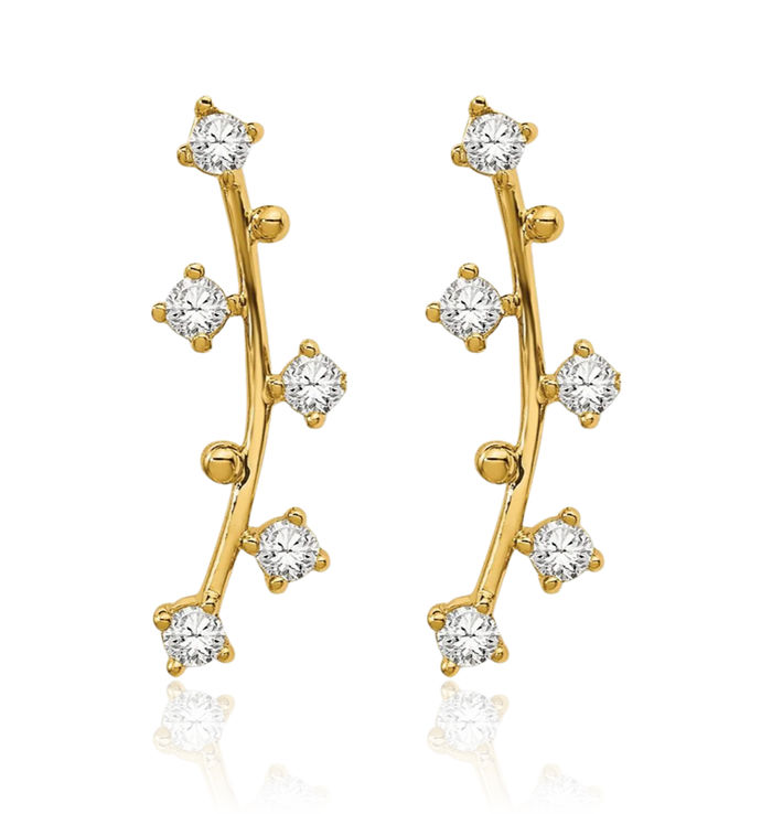 14K Solid Yellow Gold Bar Cubic Zirconia CZ Drop Dangle Line Stud Earrings