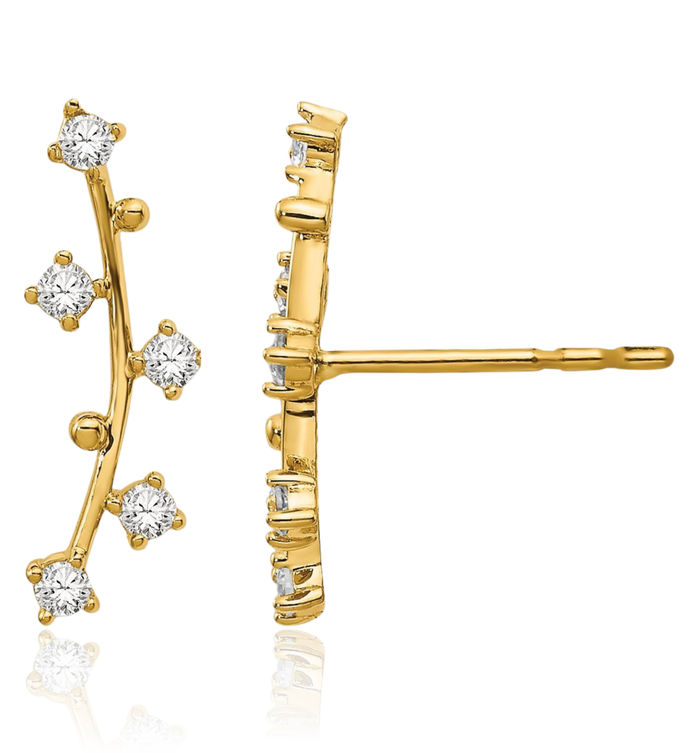 14K Solid Yellow Gold Bar Cubic Zirconia CZ Drop Dangle Line Stud Earrings