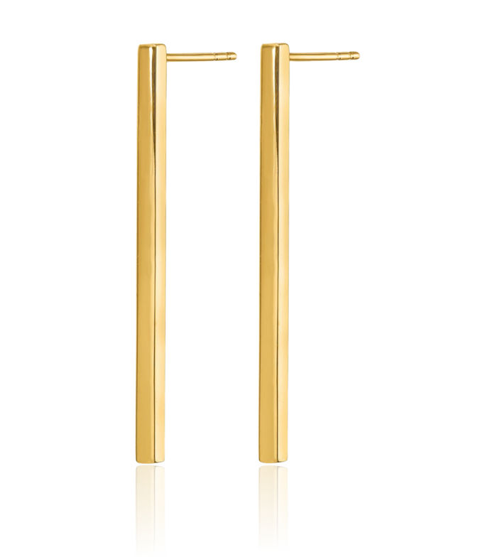 14K Solid Yellow Gold Post Bar Drop Dangle Line Stud Earrings