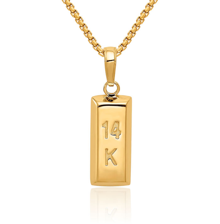 14K Solid Yellow Gold Bar Necklace Chain Pendant Charm