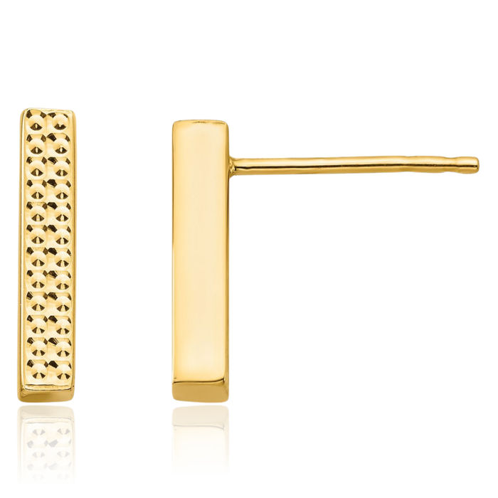 14K Solid Yellow Gold Bar Stud Line Earrings