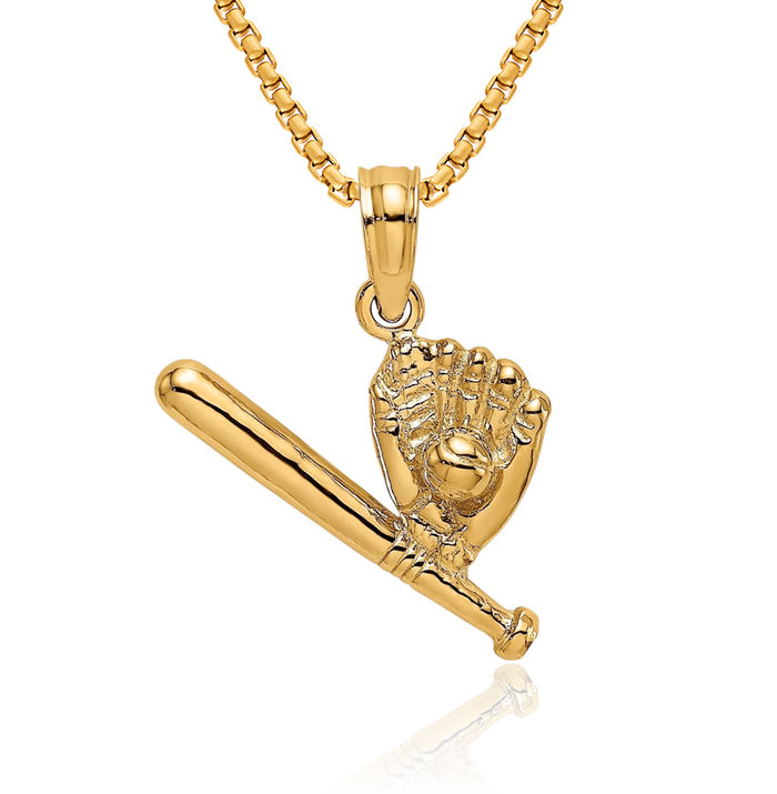 14K Solid Yellow Gold Baseball Bat Glove Necklace Softball Charm Sports Pendant